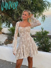 Lunivop Mingmingxi Women Elegant Flare Sleeve Dress Mini A Line Lace Birthday Party Lovely White